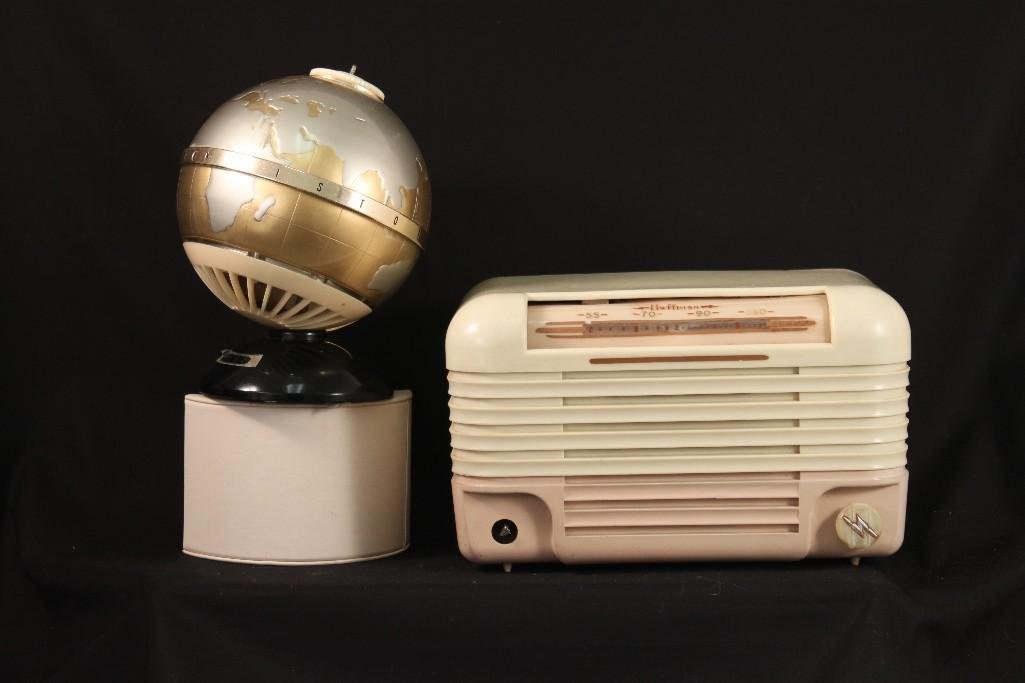 Hoffman and Marc Vintage Radio's (2): Hoffman has cord (not tested), missing one knob and measures 7" tall x 11" wide and 6" deep. The Marc is globe shaped and measures 9" tall and approx. 7" wide, missing knob on