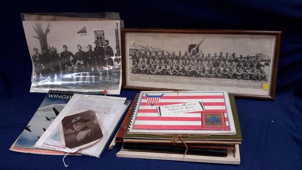 Military Memorabilia: Framed picture of Basic Training Squadron 3 Flights A and B, Class 44-5-B Randolph Field Texas; Snaps and Scraps My life in the Air Force Scrapbook; Leather LT. Col David L Anderson Photo Album (Empty