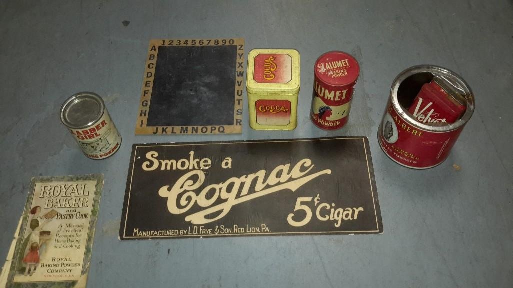Vintage Advertisement Collection: Baking Powder tins , Prince Albert, small chalk board, cigar sign, and more