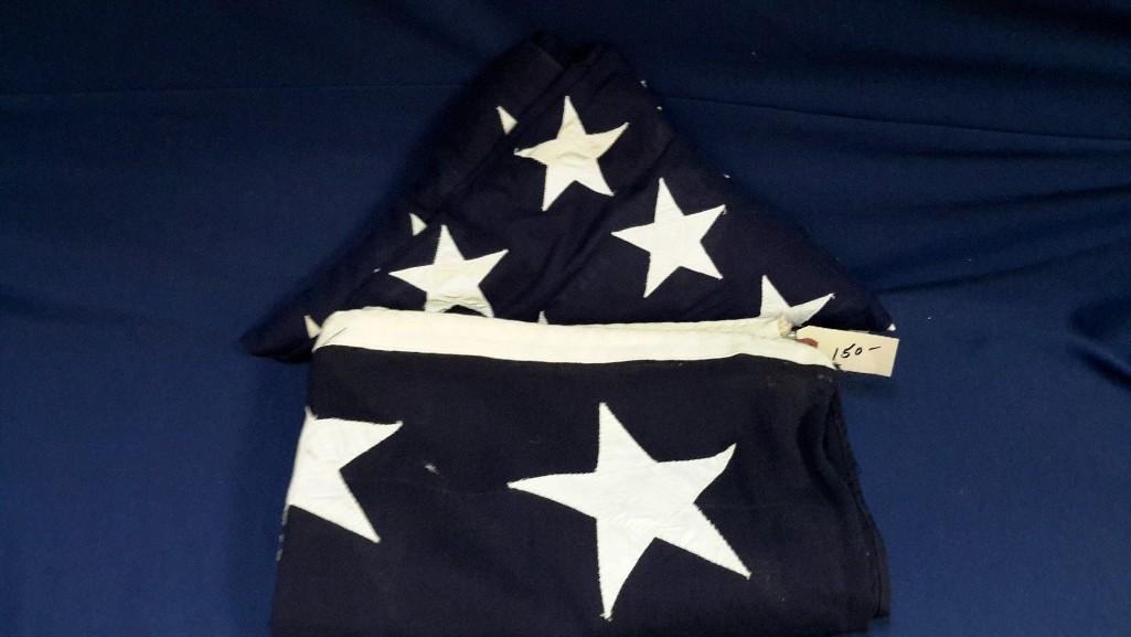 Flag Collection (2): WWI/II Navy flag with 48 stars no stripes, has some holes/shows wear, marked Union Jack 6. Other flag marked 5' x 9' 1/2" and is a 48 star flag. 
