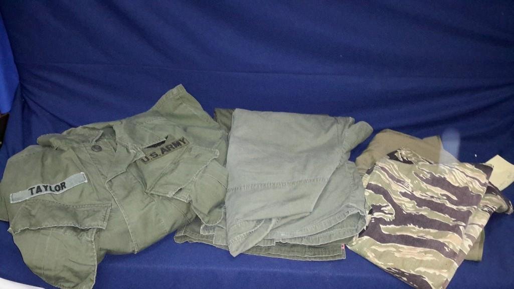 Vietnam Jungle Fatigues: Camo vest, jacket saying Taylor US Army Large/Regular, trousers Cotton/Wind Resistant Rip Stop Popplin, jacket says Koston Medium/Short and jacket that says Estrada Medium/Long. Also includes Large 7 