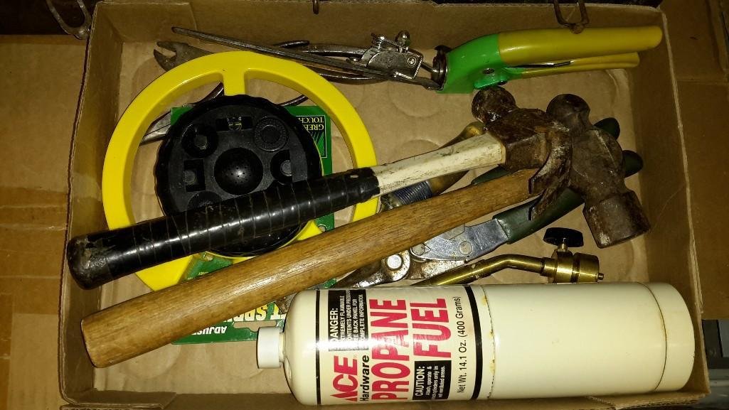 Tool Collection: Hammers, sprinkler, pliers, tool box with contents, garden sheers and more. 
