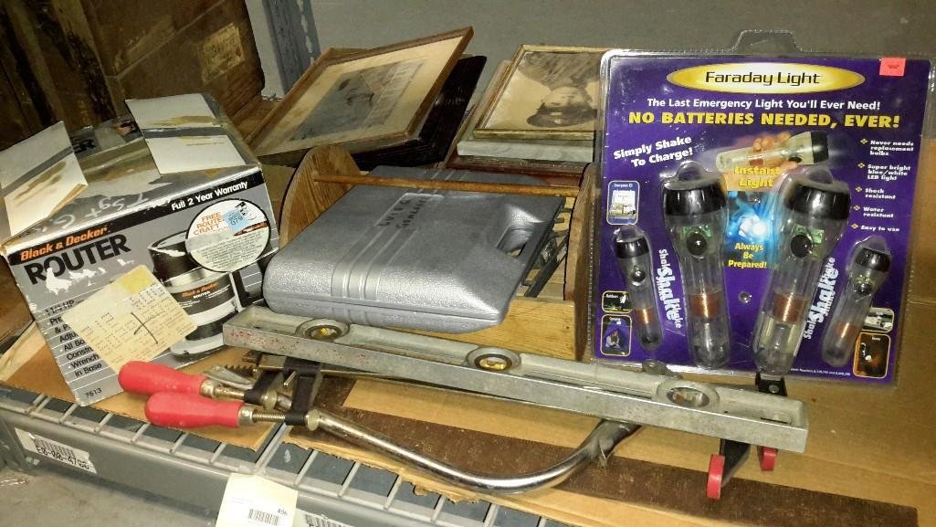 Tool Collection: Level, saw, square, clamps, socket pieces, wood tool box carrier, Black and Deck Router and No Batteries Needed Flash Lights. 