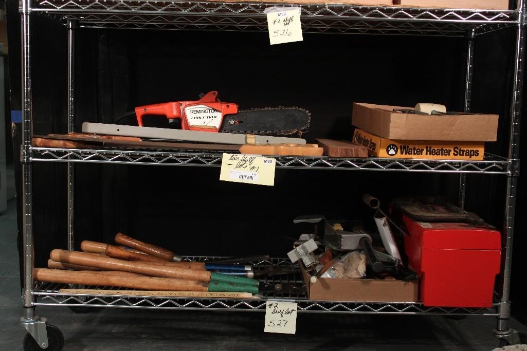 Tool Collection: Hand saws, Remington Limb n' Trim, hedge clipper, clippers, giant sea clamp, mallet, small tool box with contents and more. 