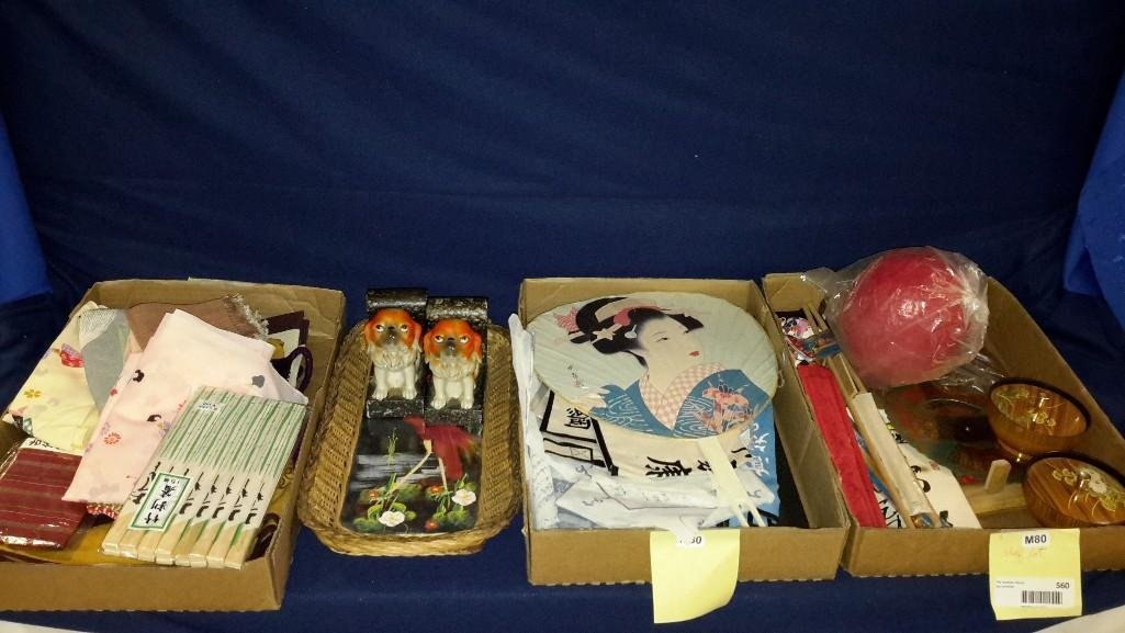 Fabrics from India and Asian Collectibles: Napkins table clothes, chop sticks, perpetual calendars, hand painted fans, Asian baskets and bowls, Ceramic bookends, and more 