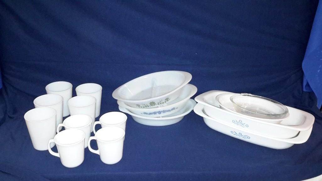 Dishware Collection (16): Corning ware pie pan and casserole dishes, Glassbake and Fire King divided dishes, 4 Corning USA mugs, 5 milk glass tumblers. 