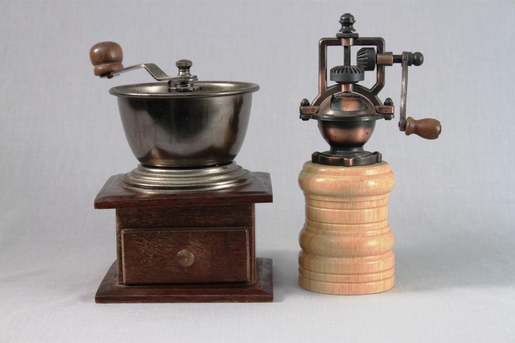 Coffee Grinders (2): one modern grinder measures 8" tall, the other vintage grinder is 6" tall,