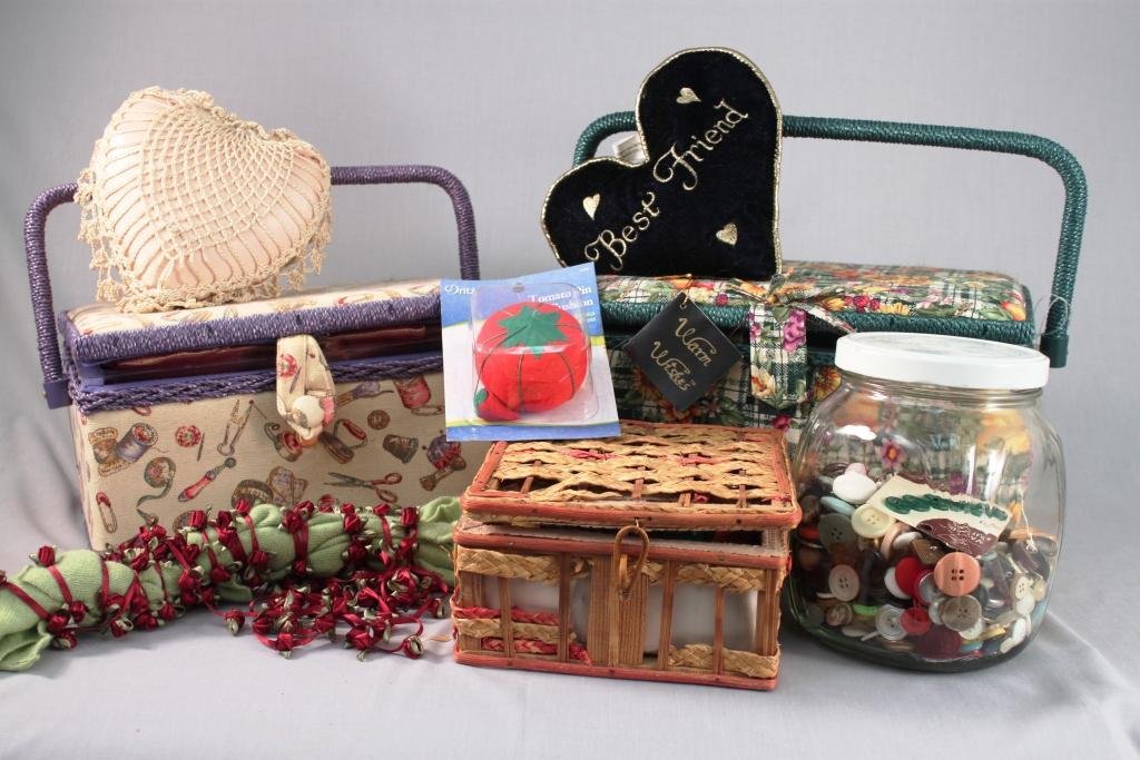 Sewing Baskets and Accessories: items include, three baskets with contents, large jar of buttons, and more.