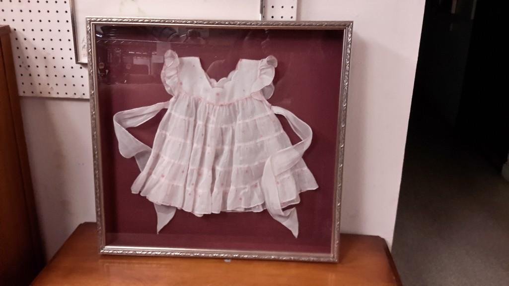 Child's dress framed in shadow box: measures 26" x25", good condition.