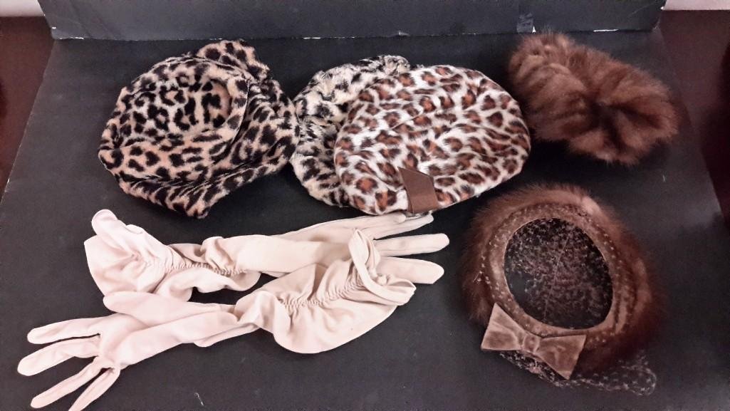 Collection of Vintage Hats and Gloves: five hats, and one pair of gloves. Two of the hats are made with real animal fur, the rest are faux fur.