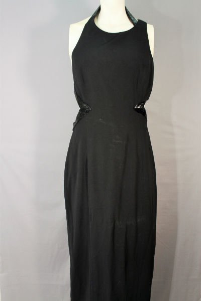 Ladies Black Evening Gown: Nah Nah Collection, size 14, full length with black beading 100% polyester.