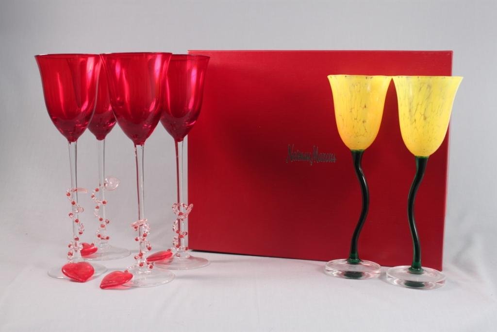 Decorative Wine Glasses (6): Two Yellow and Green long stem glasses, 10.25" tall, made in Czech Republic. Four red and clear glass Bohemia Czech Republic glasses that measure 11.25" tall. Box for 4 red wine stems i