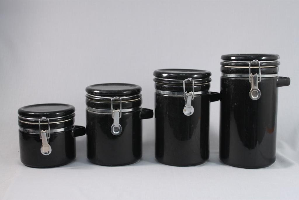 Black Kitchen Canister Set (4): heavy ceramic, sizes range from 5"x5" - 9"x5"