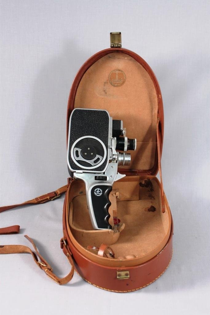 Vintage Bolex Movie Camera with Leather Carrying Case: Made in Switerland, handheld camera stands 9" long