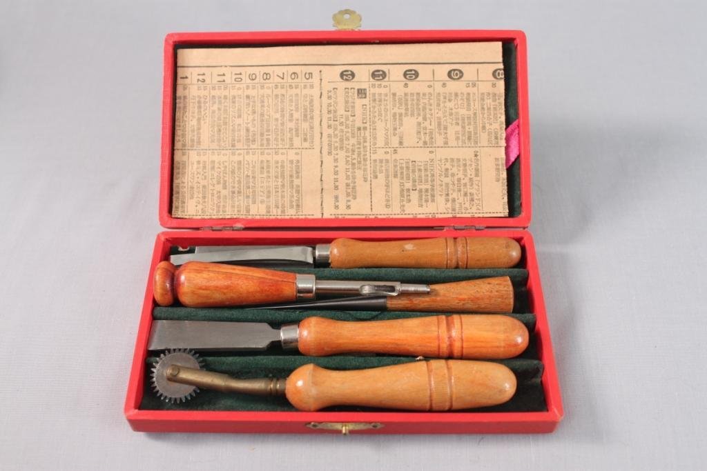Leather Carving Kit: wood handled tools, in box, 