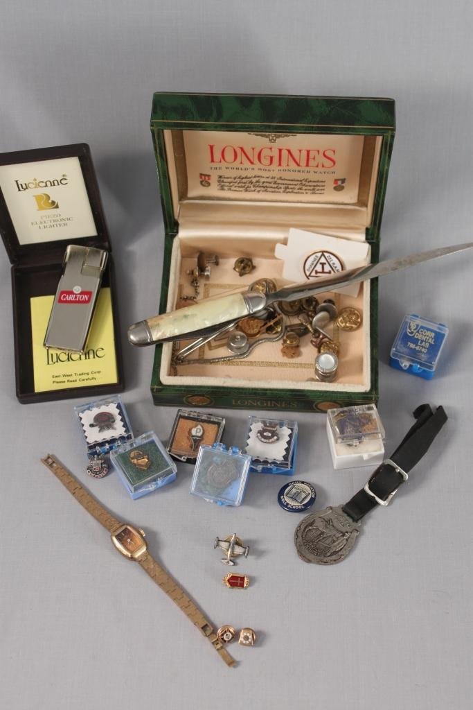 Military Men's Tie Tacks & Lapel Pins: Air force, and other tie tacks, plus a Lucienne lighter, letter opener knife combo, Tooth gold crown, and others 