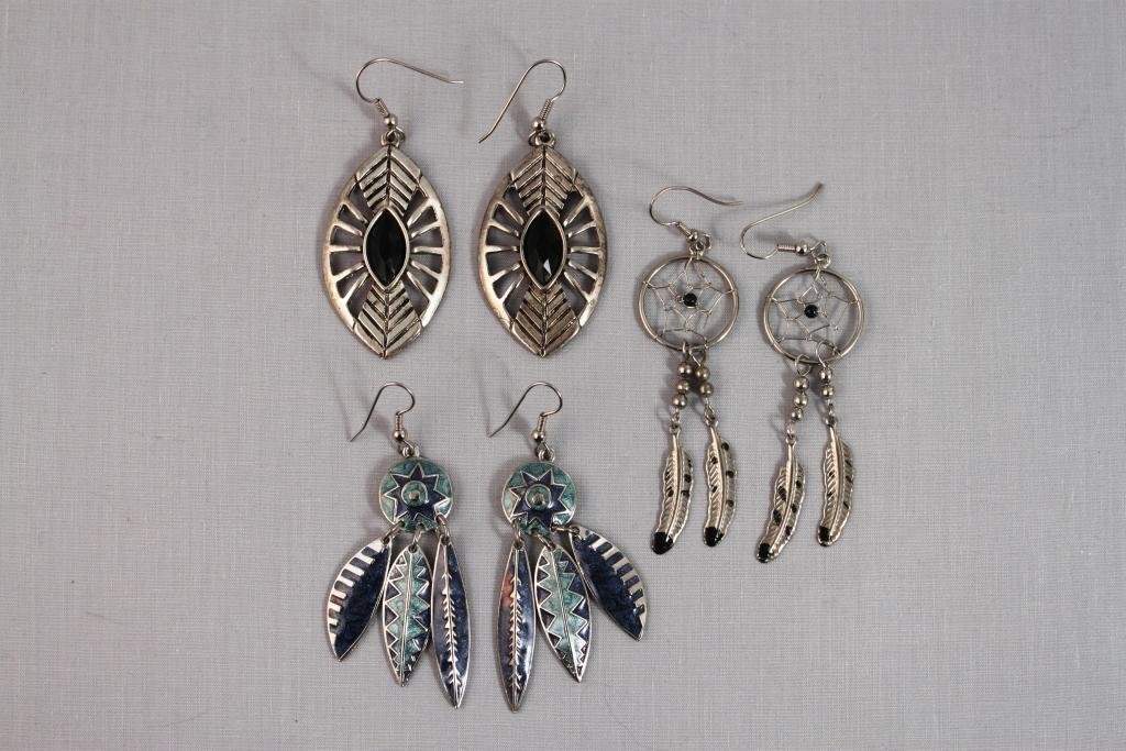 Silver Tone Pierced Earrings: Indian themed earrings, dream catchers, Berebi feather themed earrings, and one other with black stone