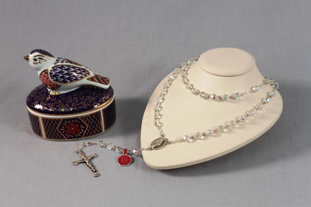Hand Crafted Rosary and Trinket Box: Rosary has sterling crucifix and center, trinket box has bird figurine on top and is in very good condition