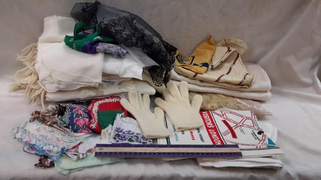 Handkerchiefs and Linens (40): Table cloths, crochet table cloth, embroidered towels, napkins, scarf and gloves, handkerchiefs, and more..
