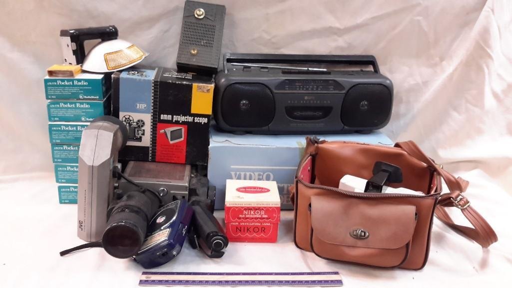 Vintage Electronics Collection: Polaroid Land Camera Swinger Model 20 with bag (includes instructions), JVC Color Video Camera (vintage and heavy) , Honeywell Film Developing Reel, 8mm Projector Scope, Pepsi Cola AM/FM radio and mor