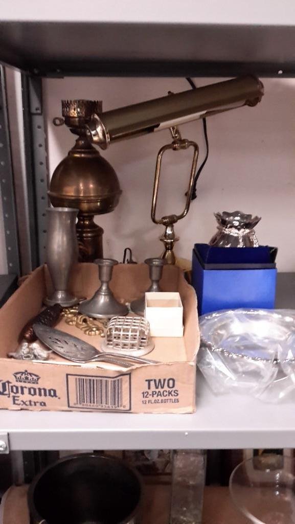 Metal Decor: Two lamps, pewter candle sticks and vase, serving utensils, Sheridan Silversmith bowl. 
