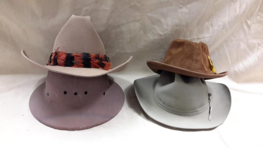 Vintage Men's Hats (4): One Miller Bros Western Cowboy Hat, 7 1/4, One Resistol "Self Conforming" XXX Beaver, One Genuine Suede Leather Hat 7 1/4, and One pit hat