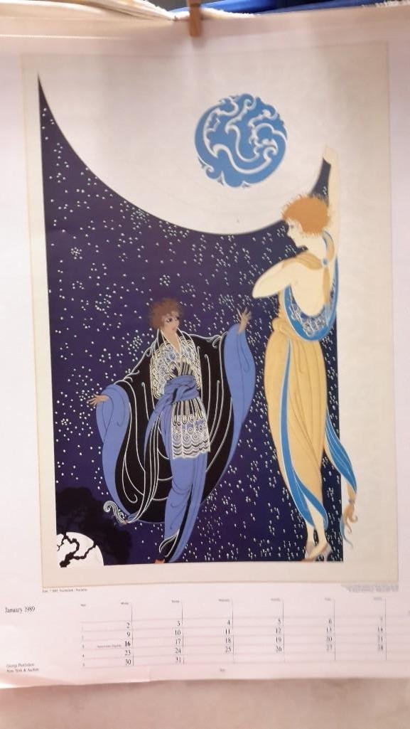 Erte Calendar Prints: Dated 1989 and some 1991. Measures 25" tall x 17" wide. Edges of each page show minor damage. 14 pages show images. 