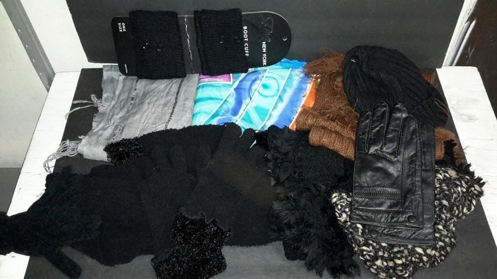 Assorted Ladies Scarves & Gloves: large lot of assorted gloves and scarves, and boot cuffs
