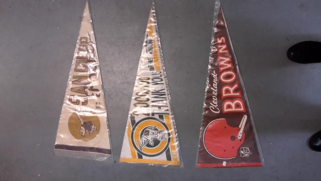 Vintage Sports Pennants (3): Sand Diego Padres, 1988 A's, and The Cleveland Browns, in good condition. All are in sleeves