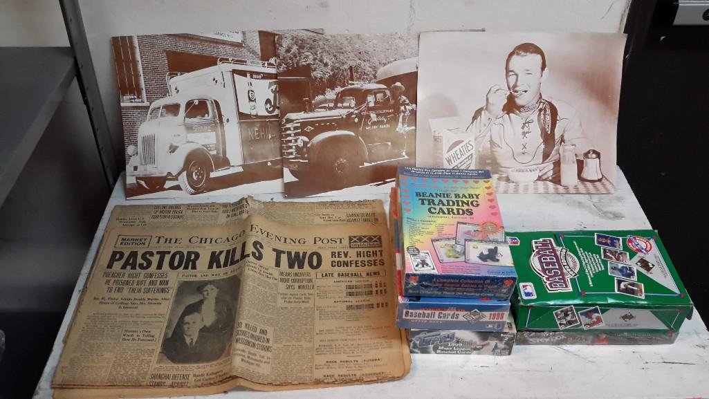 Trading Cards and Vintage Advertisments: Four small boxes of baseball trading cards, one box of Beanie Baby cards,three advertisement posters, and four Chicago Evening Post.