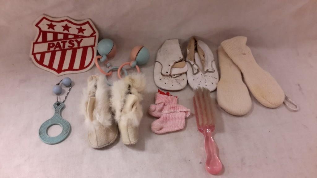 Vintage Baby Accessories: items include leather shoes, slippers, baby rattle, socks, and more.