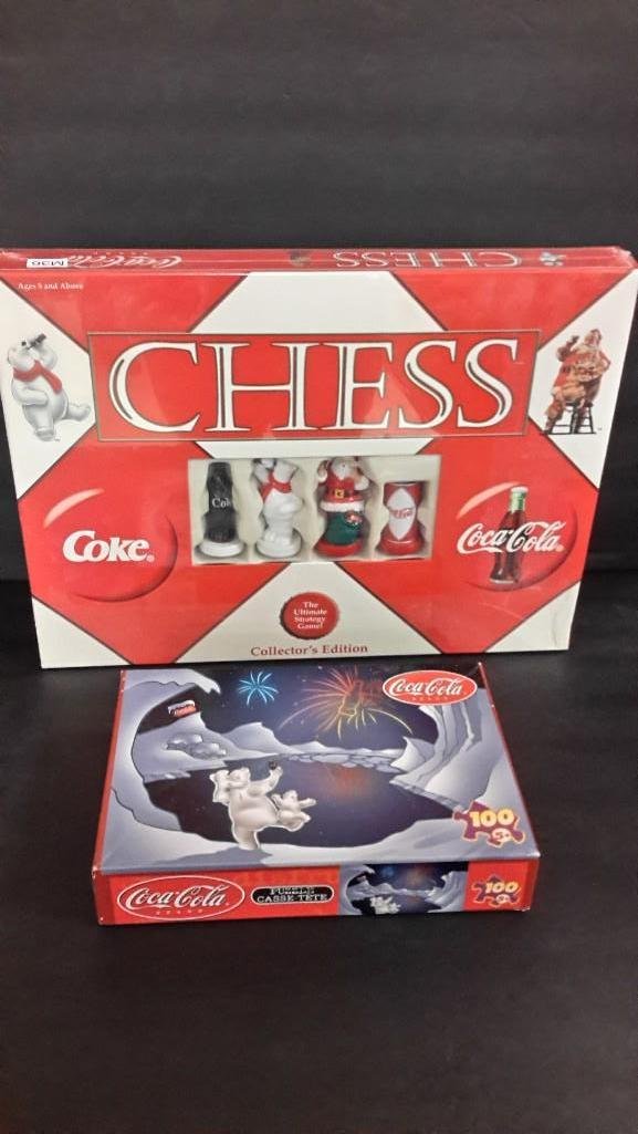 Coca-Cola Game Collection (2): Coca- Cola 100 piece puzzle, new in the box, dated 2002. Chess set new in the box, dated 2002, sealed. 