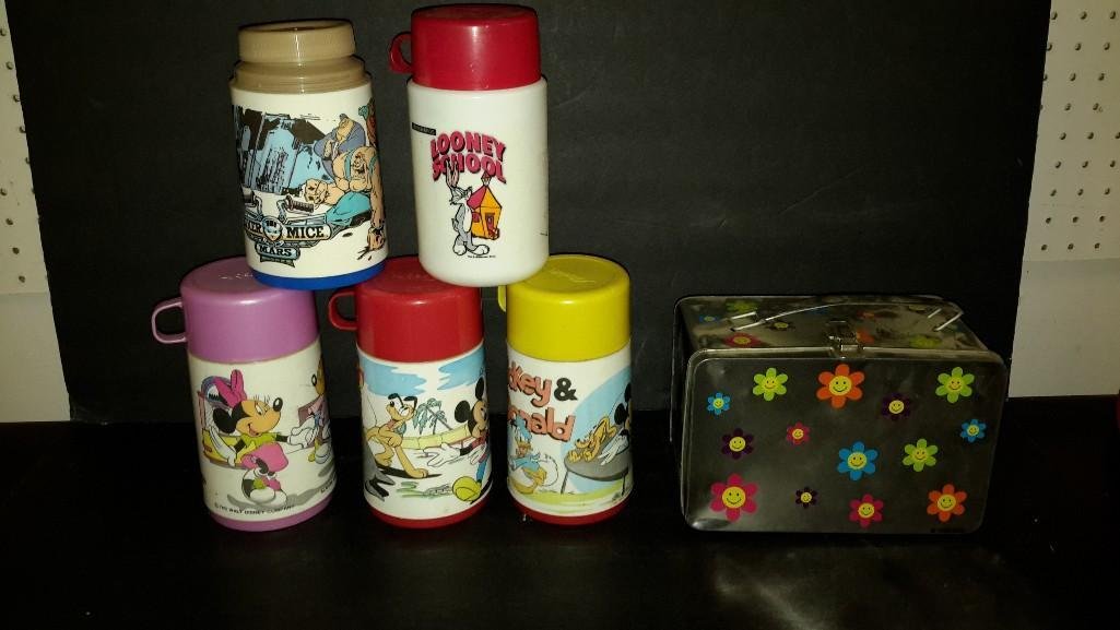 Metal Lunch Box and Thermoses (6): Lunch box has happy face flower pattern, fair condition. Thermoses; Mickey Mouse, Biker Mice from Mars (missing cup lid), Looney School Bugs Bunny, Minnie Mouse, Mickey and Donald