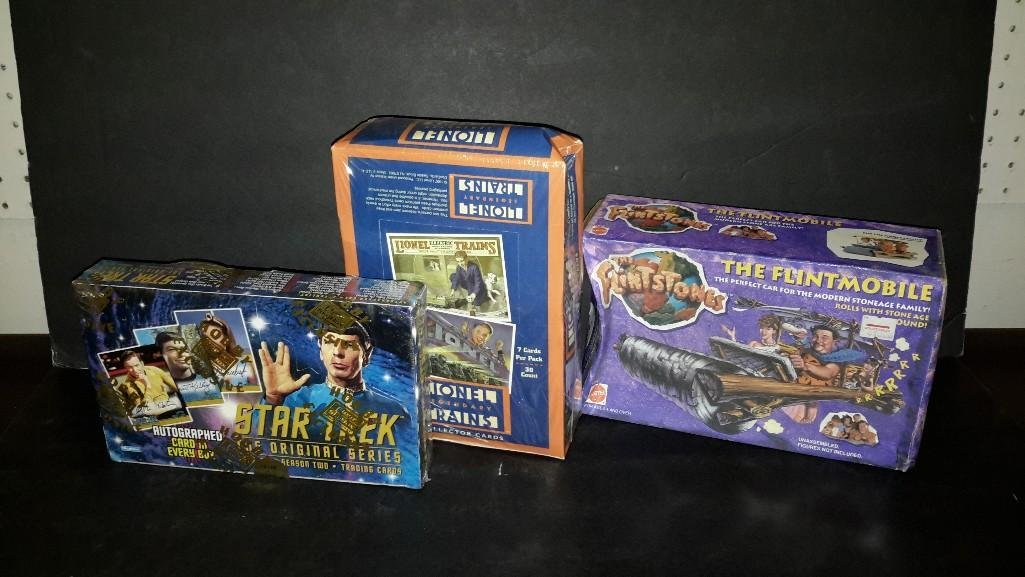 Collectible Cards: Lionel Legendary Trains Collector Cards (full box), Star Trek The original Series Season 2 trading cards (autographed card in each box), Also includes, Flinstones Flint Mobile kit.