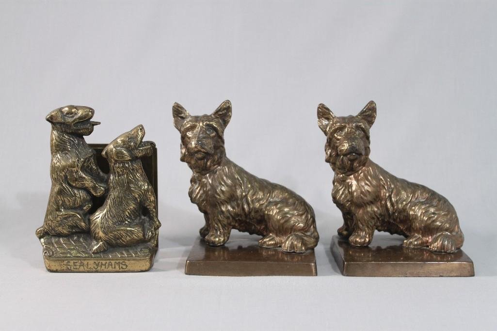 Frankart 1929 Bookends and Letter Holder: Brass dog themed bookends measure 5.5" tall, and letter holder measures 6" tall. Good Condition.