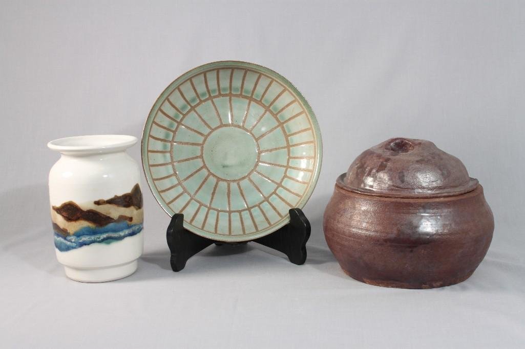 Pottery and Ceramic Bowls and Vase (3): 6" vase is signed by artist, 6" lidded bowl, and one Marshall Studios pottery bowl