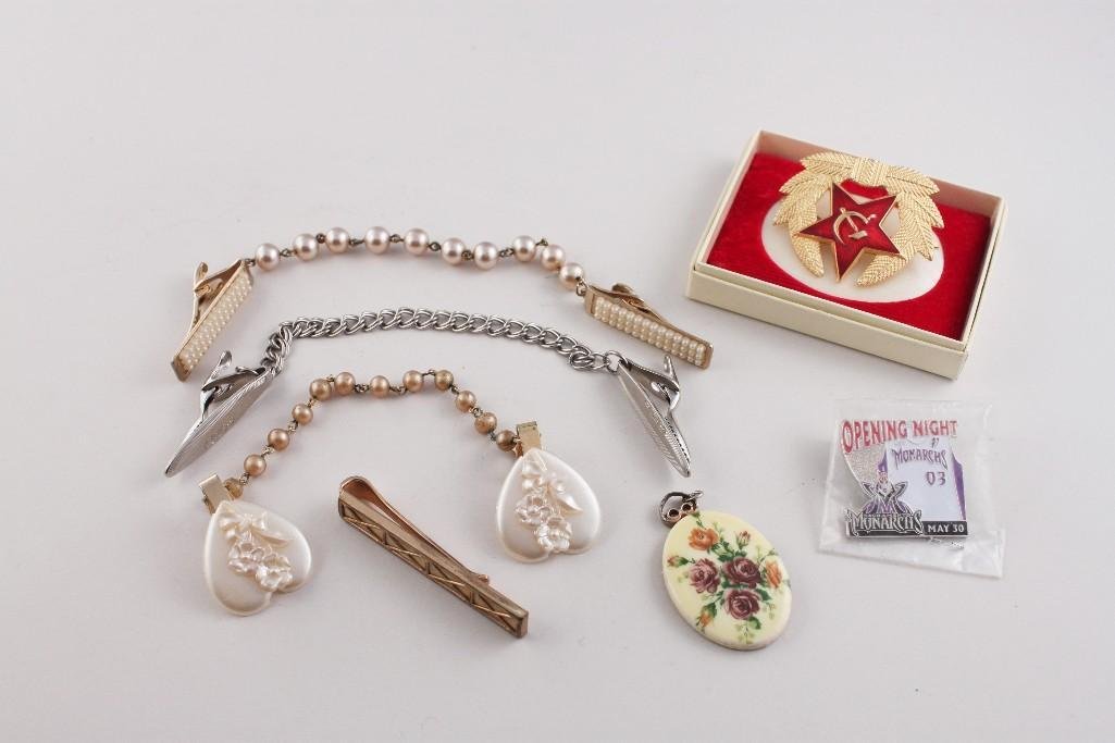 Vintage Ladies Sweater Clips (3): (3) sweater clips, one man's tie clip, USSR collar pendant, and more 