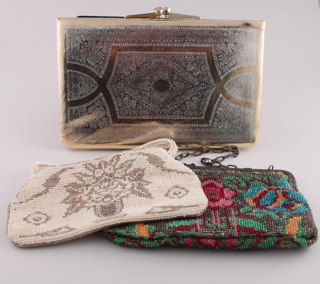 Vintage Ladies Handbags (3): one floral beaded with chain strap, one white beaded purse made in Czechoslovakia, and one made in Italy by Delill comes with removable strap