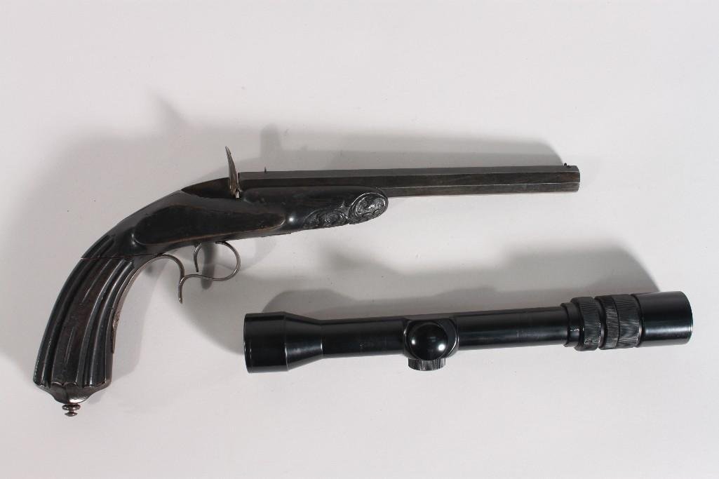 Vintage Single Shot 22 Caliber Pistol And Rifle Scope: Rifle Scope made by Bushnell marked Banner 3X-9X, gun may require FFL, also wood handle is broken. Shoots 22 caliber ammo, possibly replica of Flint Lock