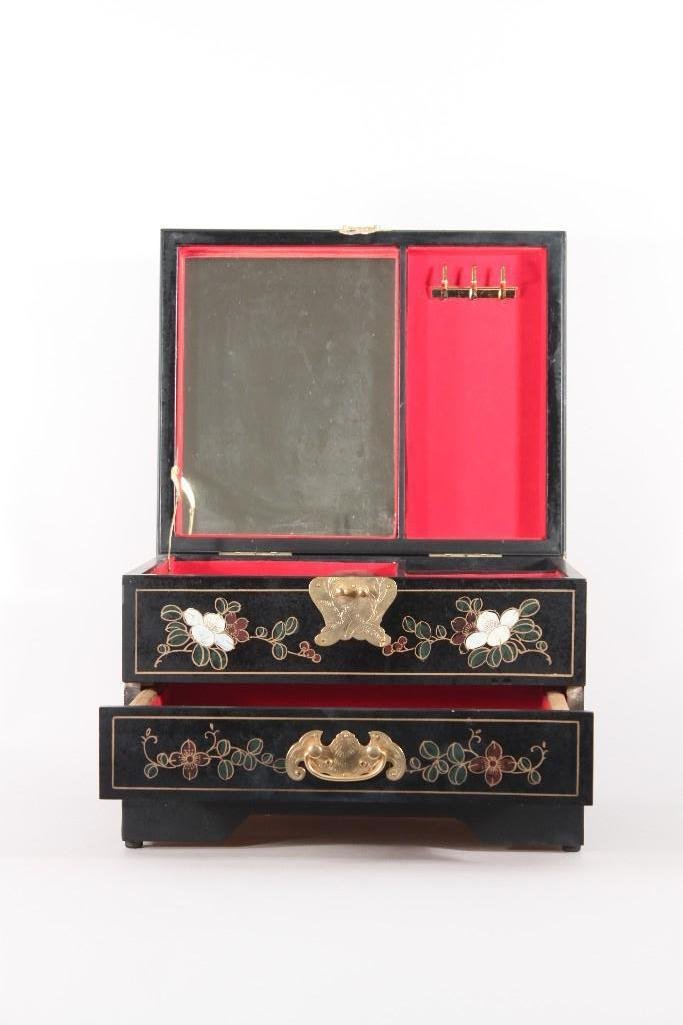 Large Asian Style Jewelry Box: Lined in red velvet, hand painted, 1 drawer, mirrored inside lid, measures 14" long, 11.5" deep, 9.5" tall, some chips on corners, contains empty boxes and bags