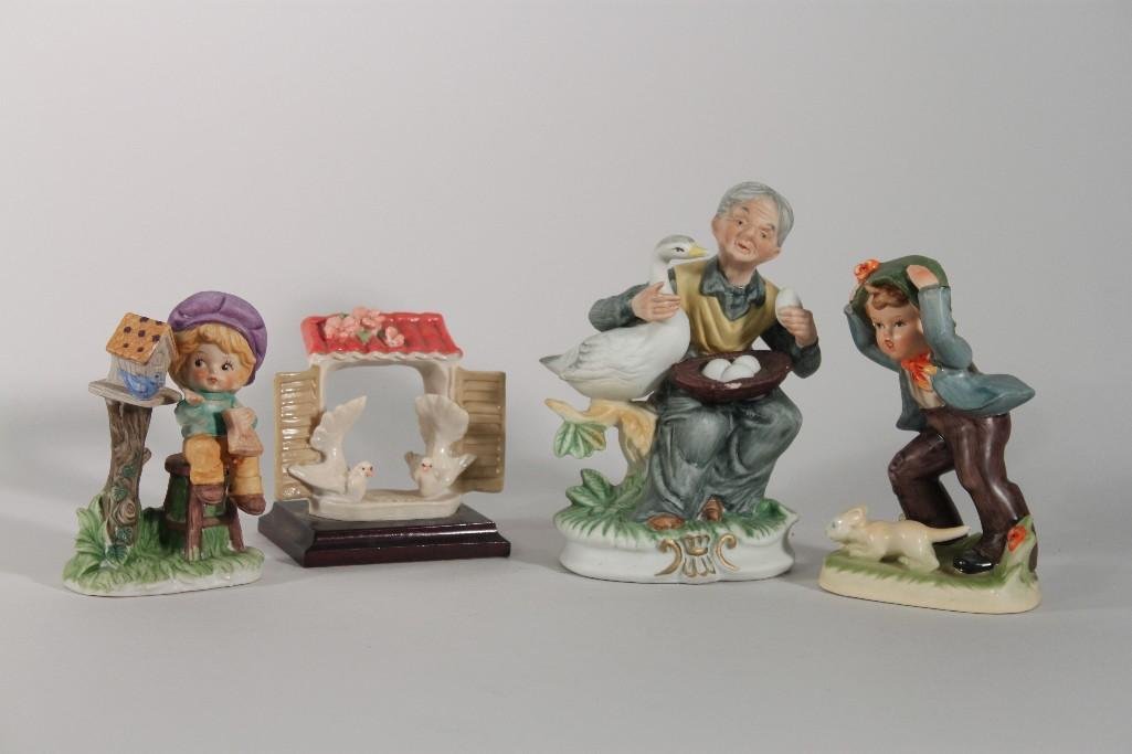 Ceramic Figurines (4): Little boy has sticker N Import Japan (unreadable), Man with goose is unmarked. Little girl has N stamp and sticker that says Made in Taiwan. Window unmarked. 