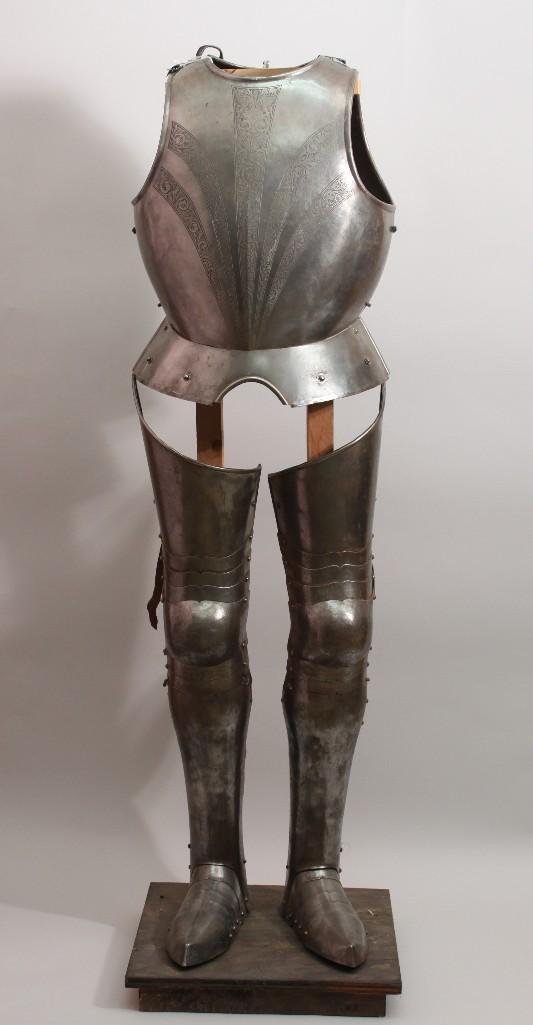 Reproduction Armor: Medieval chest plate and leggings, etched design on breastplate, shows rust and some scratches, stand not included