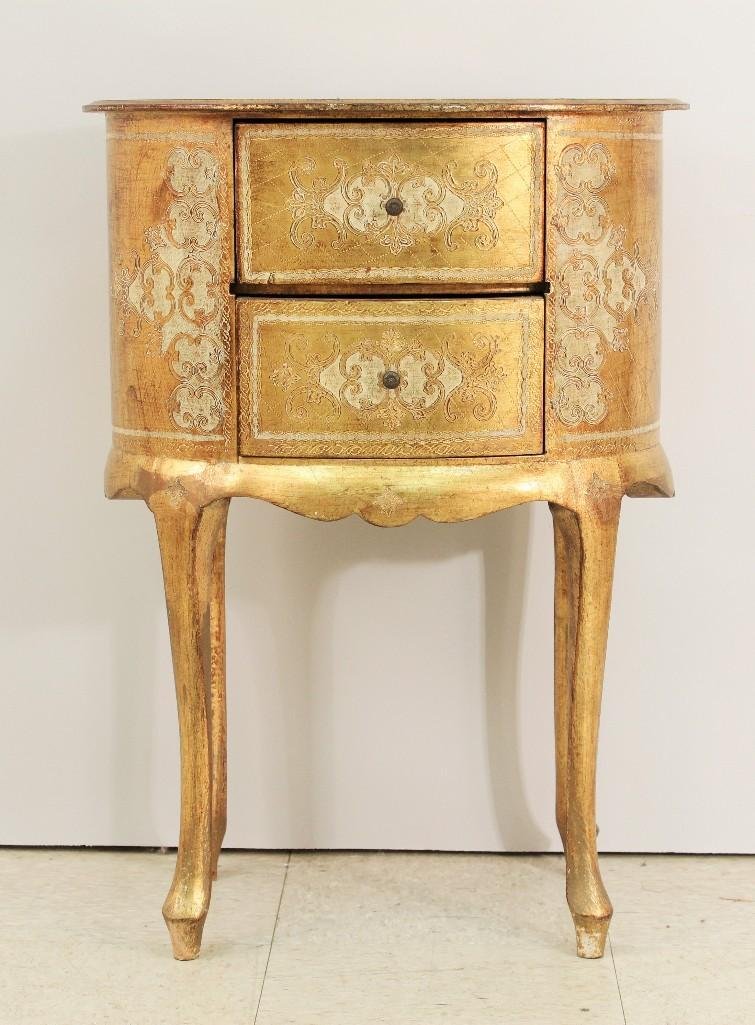 Ornate Wood Gold Gilt Side Table: Has two drawers. Measures 30" tall, 21" side and 15" deep. 