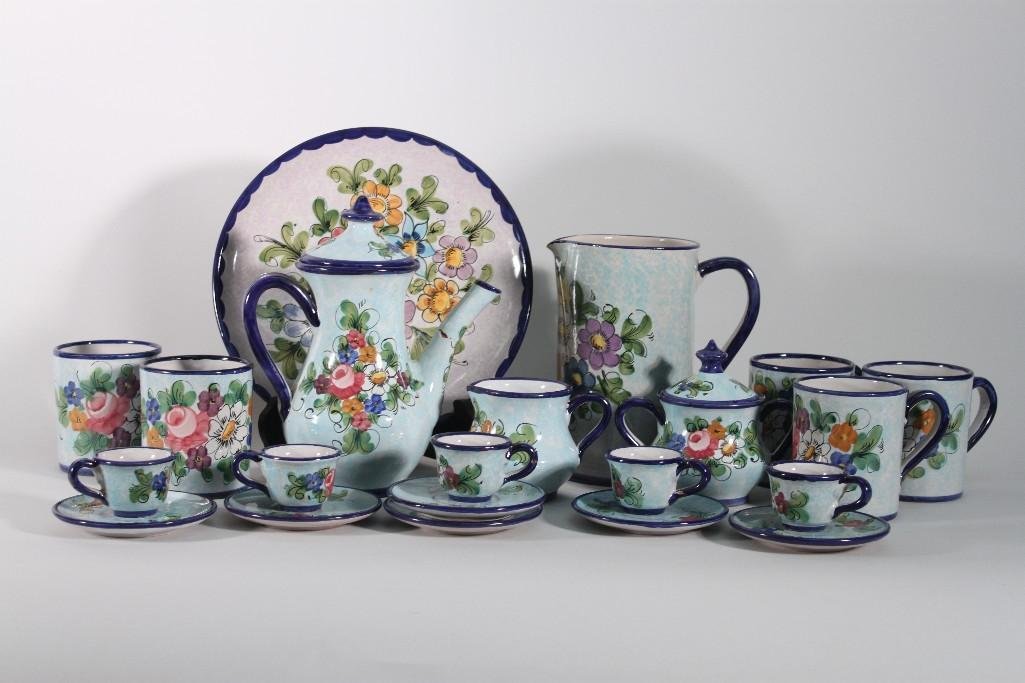 Albero Bello and Dipinto A Mano Dishware Set (20): Two names, same pattern. Pitcher with 5 mugs (pitcher has chip on spout area). Tea pot (spout has been repaired) lid (chip). Lidded sugar bowl has small chip on lid. 5 small tea cups (three repaired),
