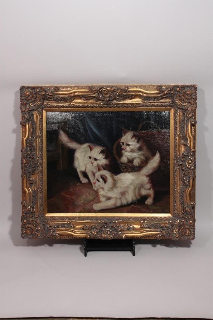 R. Hanrahan Cat Themed Oil On Canvas: White kittens, canvas is slightly damaged (scraped) , ornate frame, art work measures 34" x 29"