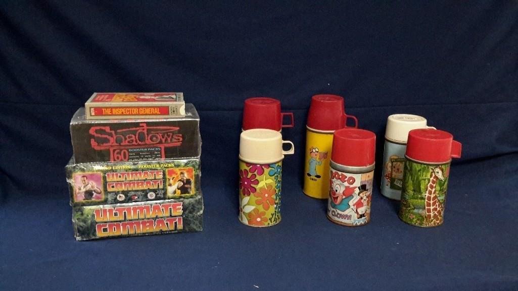 Vintage Collectibles: Ultimate Combat Limited Edition Booster Pack (2 boxes), On the Edge Shadows Booster Pack, The Inspector General betta, 6 vintage thermoses; flowers (has no twist top) Chipmucks, Boso the Clown, 