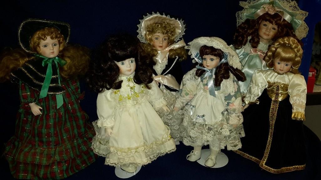 Doll Collection (6): 4 unmarked. Brands marked; The Connoisseur Doll Collection Seymour Mann, Dynasty Doll Collection. 