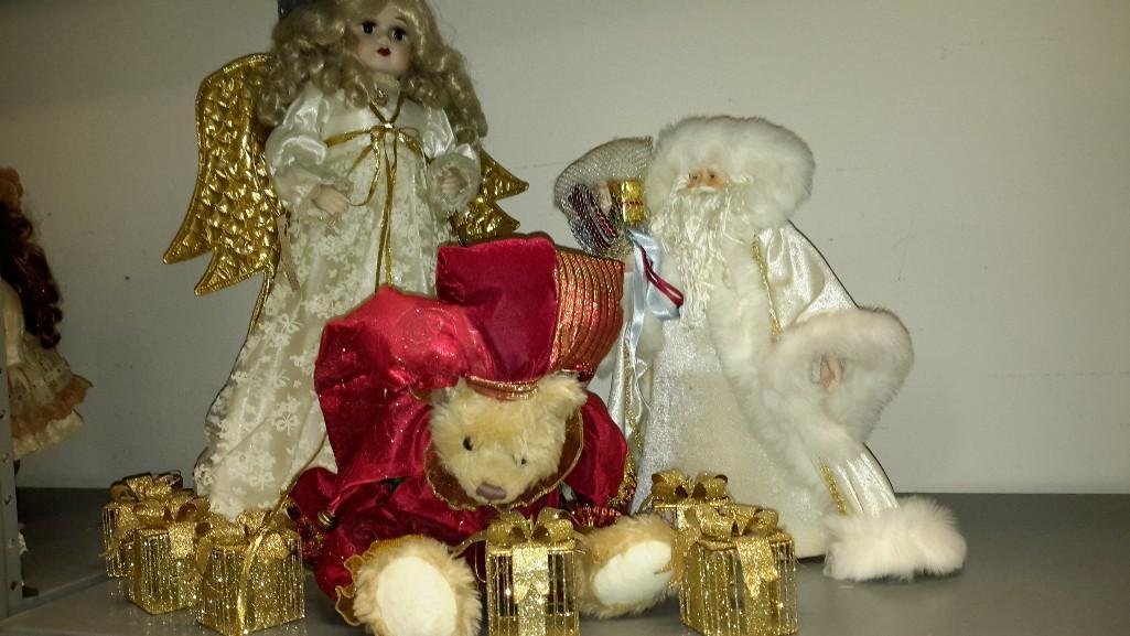 Christmas Decor (6): Gold tone with glitter boxes, Jester Teddy bear, white robe Santa, Porcelain Treasure Angel tree topper, and more 
