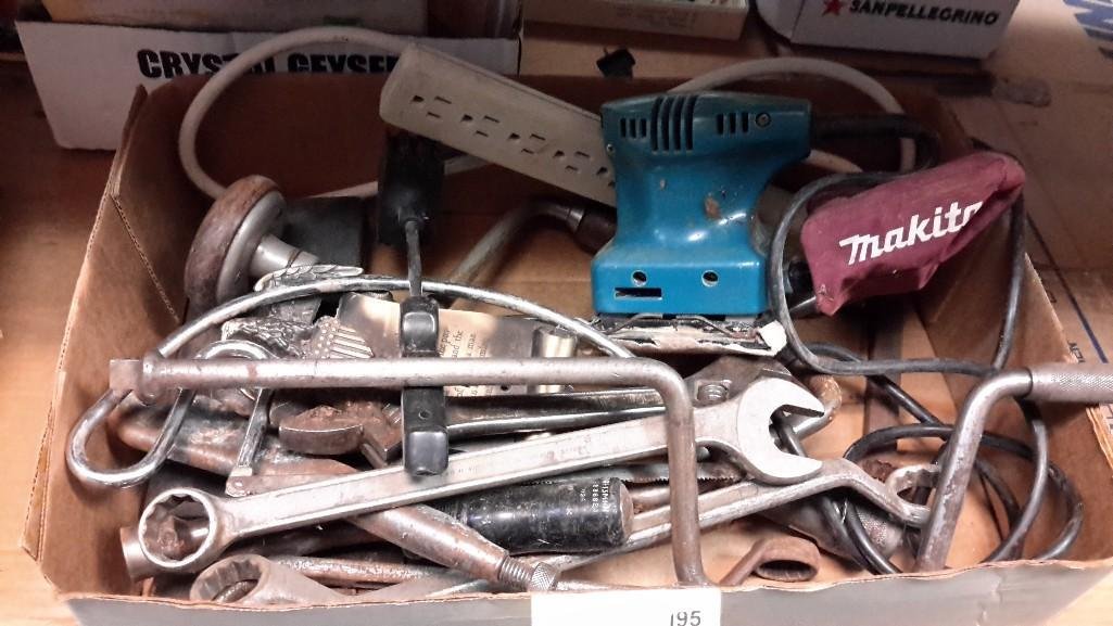 Electric Sander and Tools: Makito sander, wrenches, ratchet, and more.