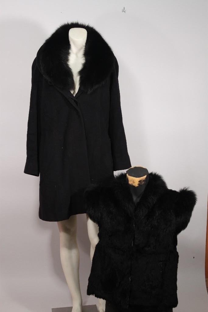 Ladies Rabbit Fur Vest & Coat (2): Fur vest is 24" long, 20" wide, in fair condition. The coat is Bella Bicchi by Sal designed in Italy Angora and virgin wool fabric made in Italy size 4, removable collar is also Sa